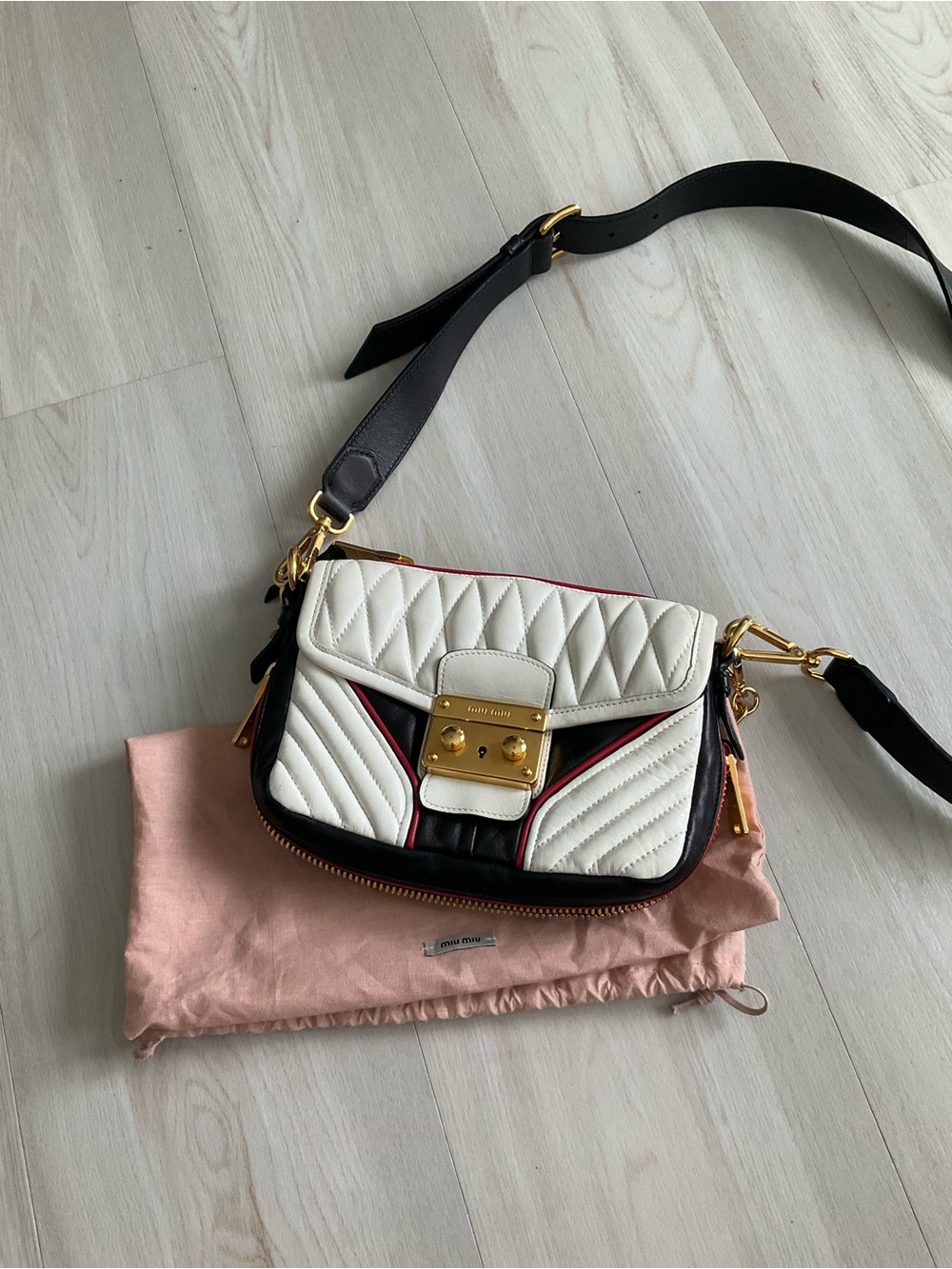 Miu Miu White black and red Quilted Leather Crossbody Bag with Black Strap